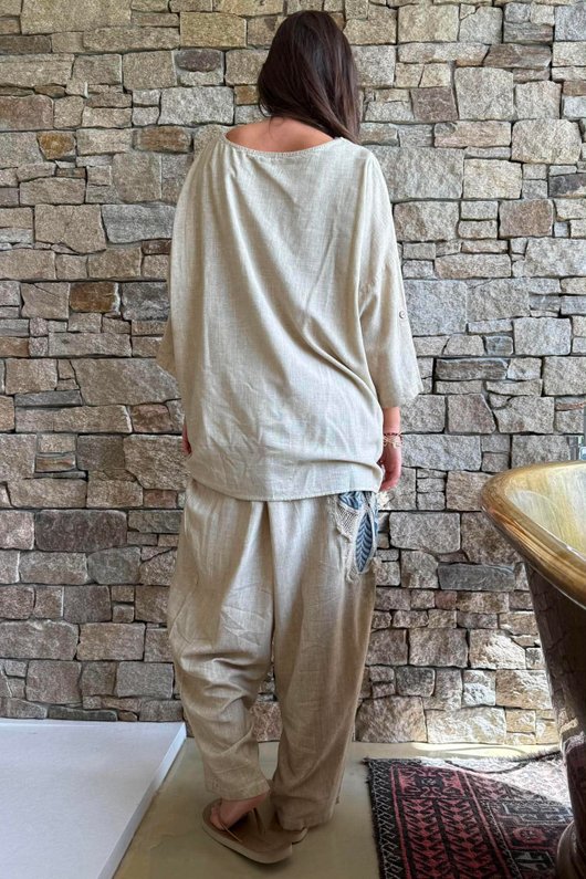 Lindin Linen Blend Crochet Flower Top Washed Sandstone